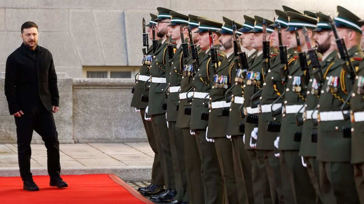 Ukrainian President Volodymyr Zelensky inspects a guard of honor by the Irish Army in Dublin, Ireland, on December 2, 2025.