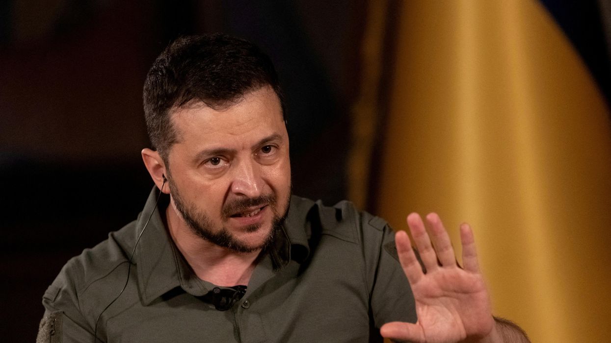 Ukrainian President Volodymyr Zelensky speaks during an interview with Reuters in Kyiv.