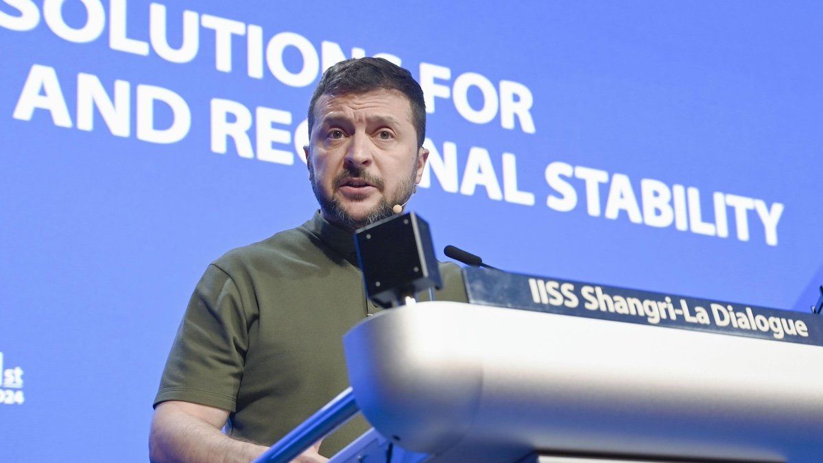 Ukrainian President Volodymyr Zelenskyy makes a speech at the Asia Security Summit, better known as the Shangri-La Dialogue, in Singapore on June 2, 2024.