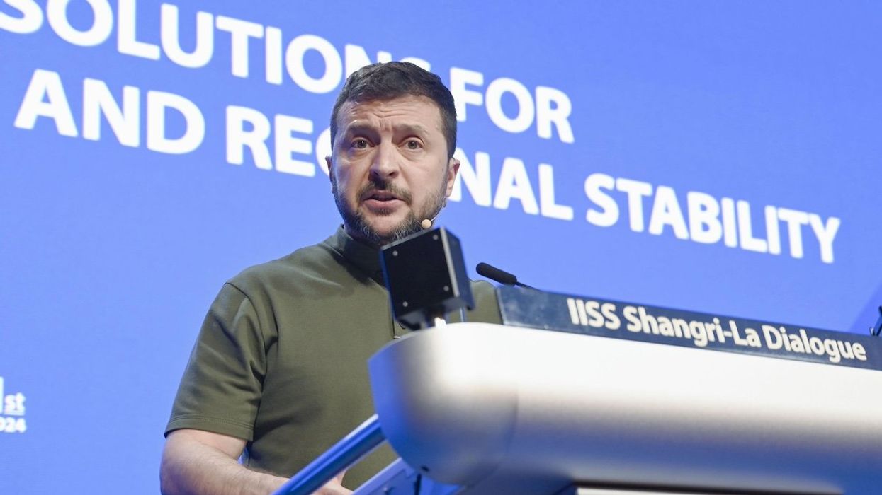 Ukrainian President Volodymyr Zelenskyy makes a speech at the Asia Security Summit, better known as the Shangri-La Dialogue, in Singapore on June 2, 2024.