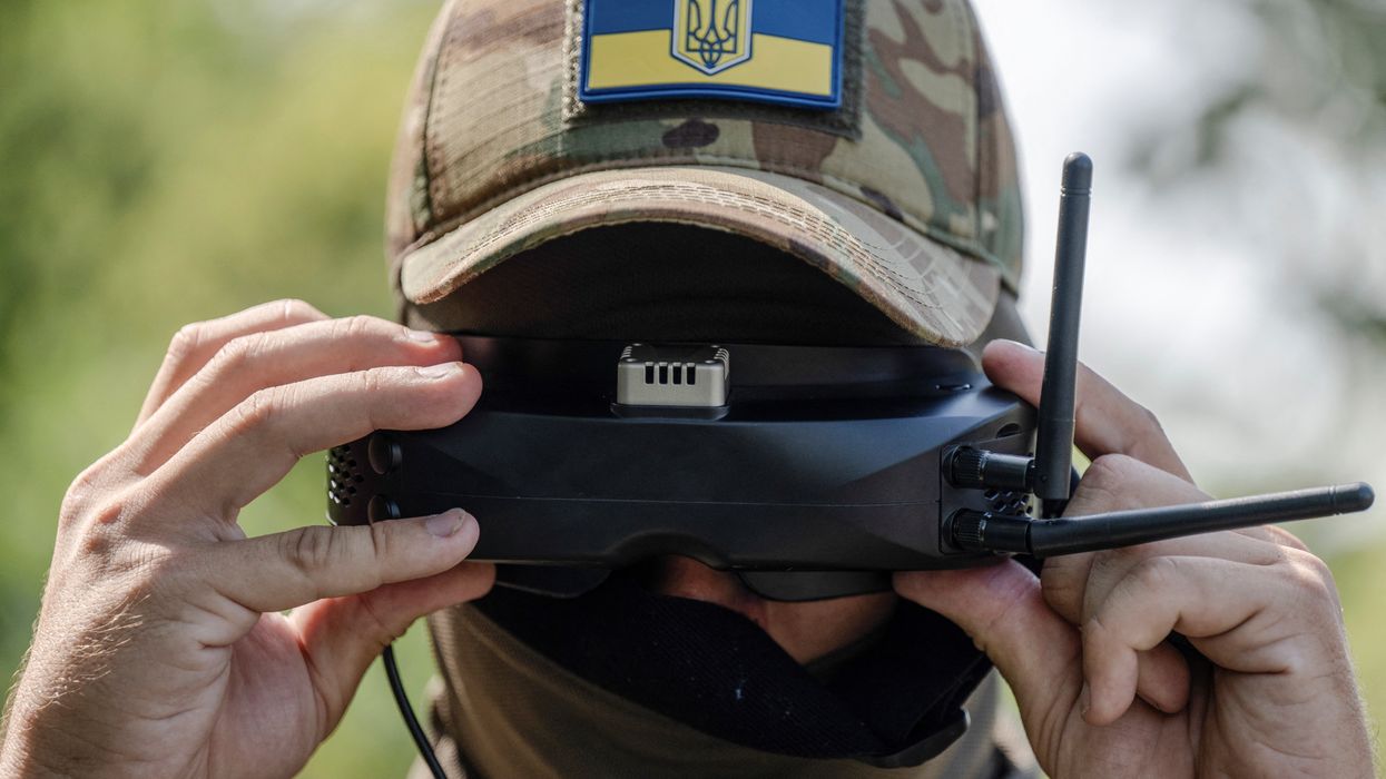 Ukrainian servicemen attend a training to use drones in Zaporizhzhia region.