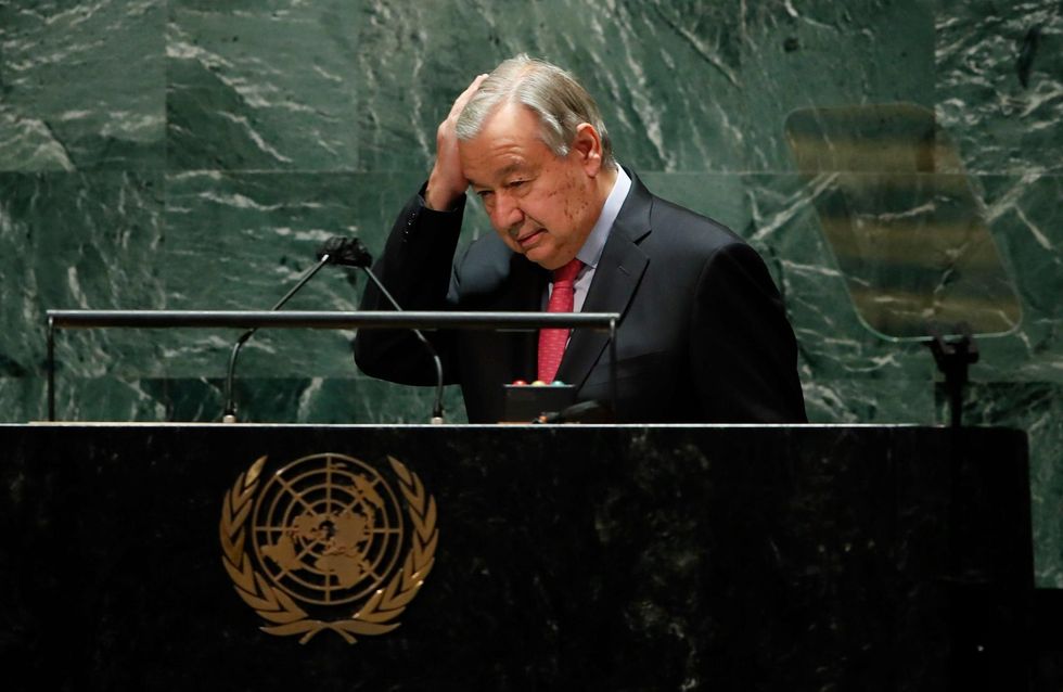 UN Secretary-General Antonio Guterres arrives at the podium to address the 76th Session of the UN General Assembly. 