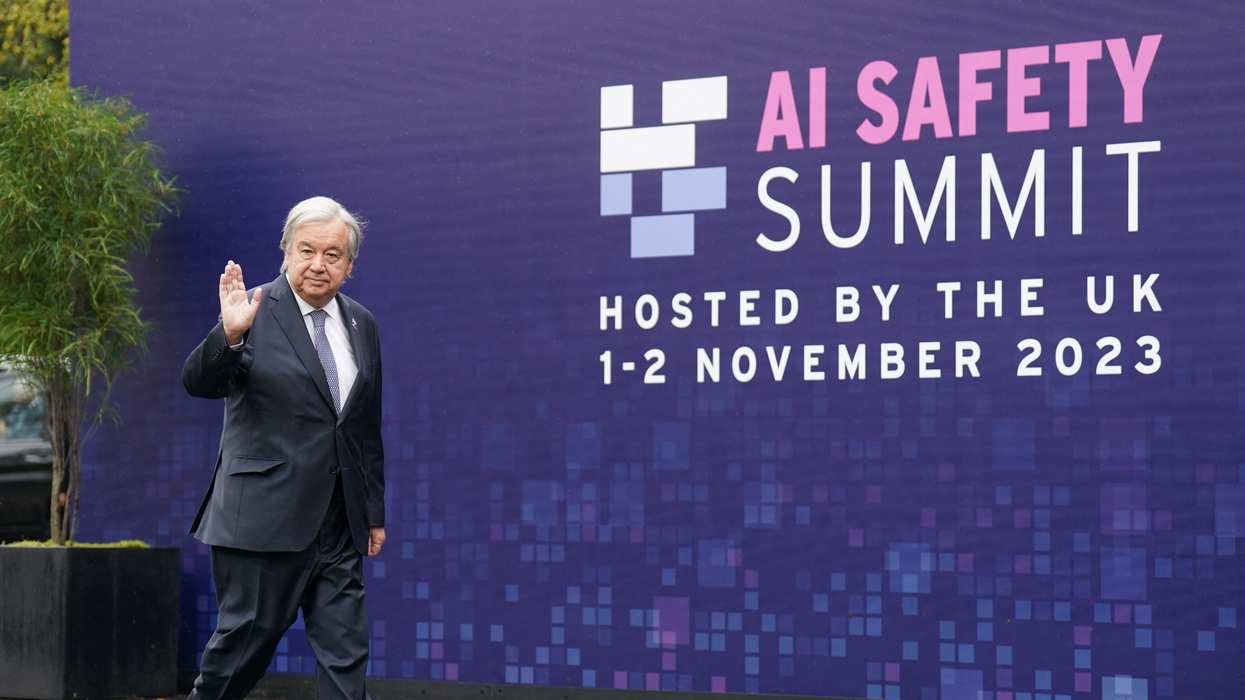 UN Secretary-General António Guterres arrives at the UK Artificial Intelligence Safety Summit at Bletchley Park in Britain on Nov. 2, 2023.
