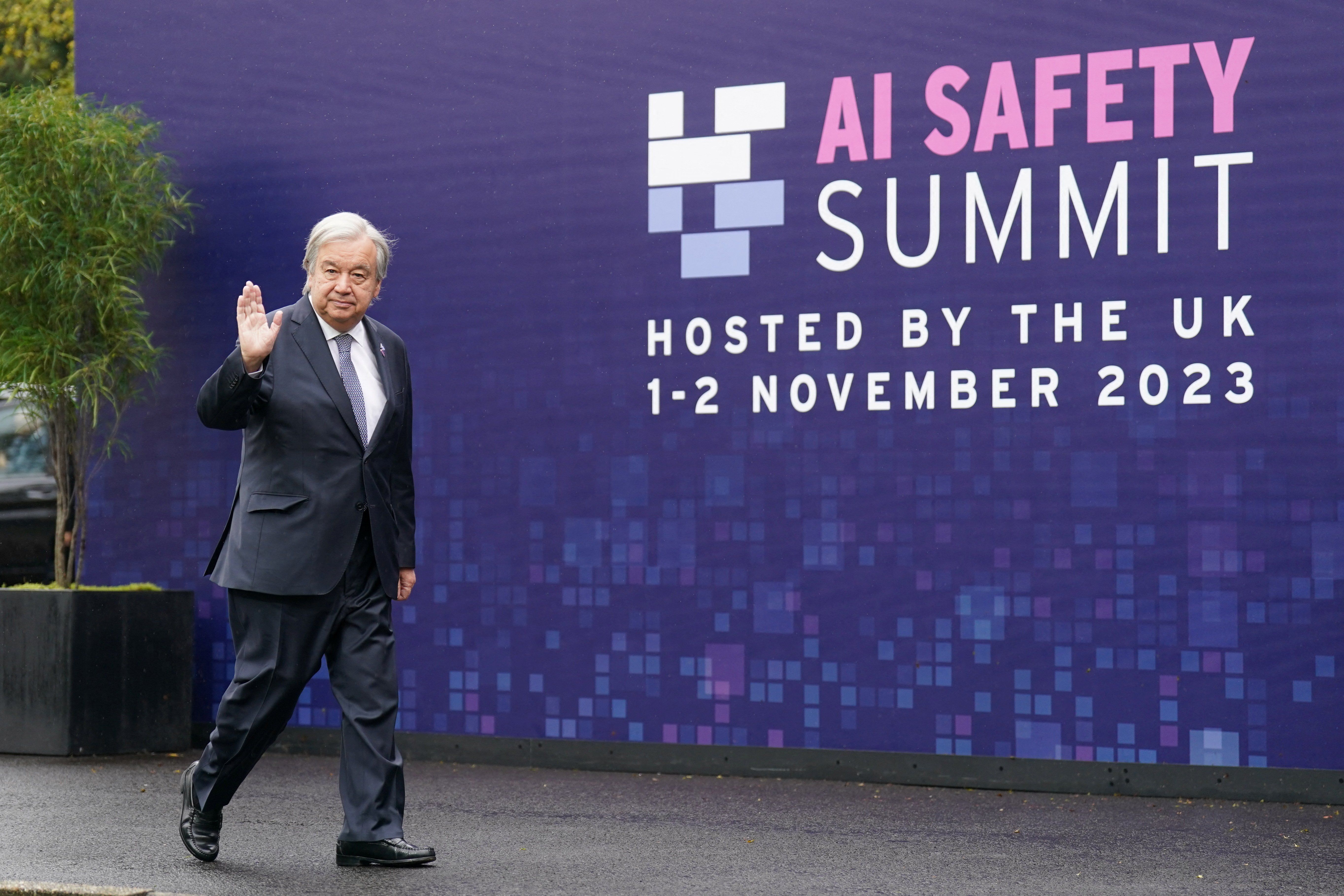 UN Secretary-General António Guterres arrives at the UK Artificial Intelligence Safety Summit at Bletchley Park in Britain on Nov. 2, 2023.