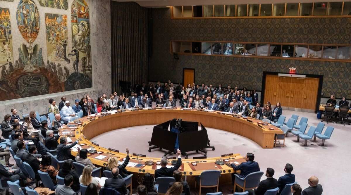 ​UN Security Council members vote on a draft resolution to Authorize an International Stabilization Force in Gaza authored by the US at UN Headquarters in New York, NY on November 17, 2025. 