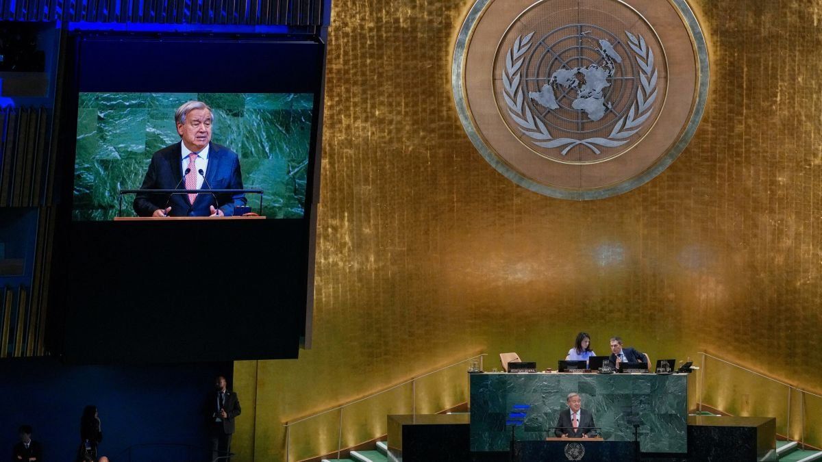 ​United Nations Secretary-General Antonio Guterres speaks at the UN headquarters in New York City, USA, on September 22, 2025.