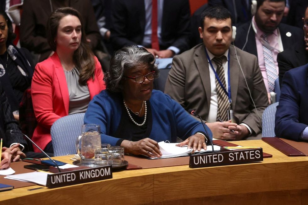 ​US Ambassador to the United Nations Linda Greenfield-Thomas addresses a meeting of the Security Council as they consider a US-sponsored resolution calling for a cease-fire in Gaza, on March 22, 2024. 