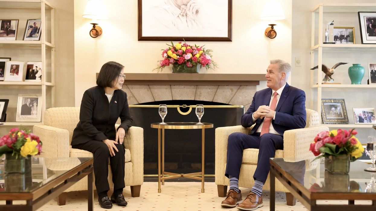 US House Speaker Kevin McCarthy meets Taiwan's President Tsai Ing-wen at the Ronald Reagan Presidential Library in California.