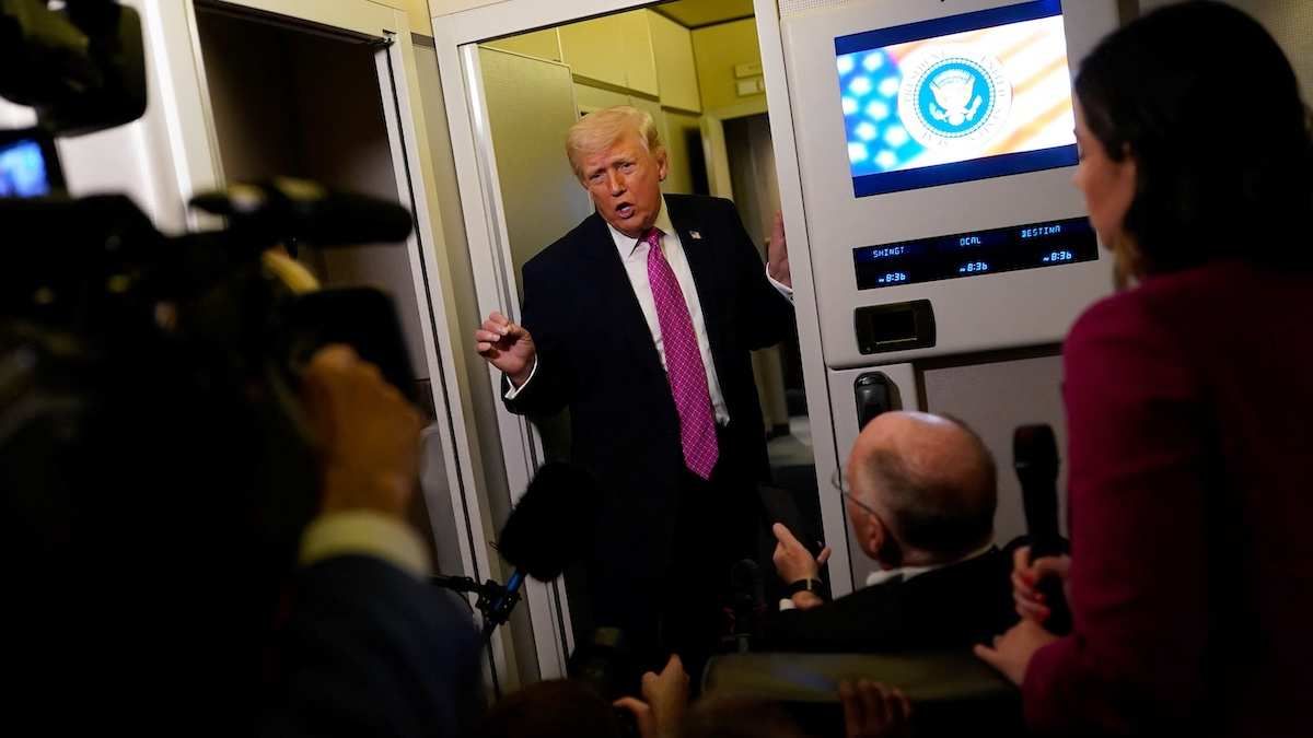 US President Donald Trump aboard Air Force One en route to Joint Base Andrews, Maryland, USA, on March 29, 2026.