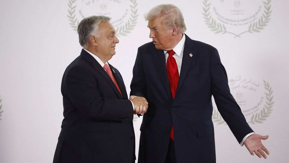 US President Donald Trump and Hungary's Prime Minister Viktor Orbán shake hands in Sharm el-Sheikh, Egypt, on October 13, 2025.