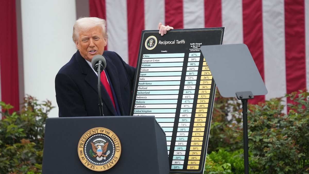 US President Donald Trump announces tariffs on US trading partners at the White House in Washington, DC, USA, on April 2, 2025.