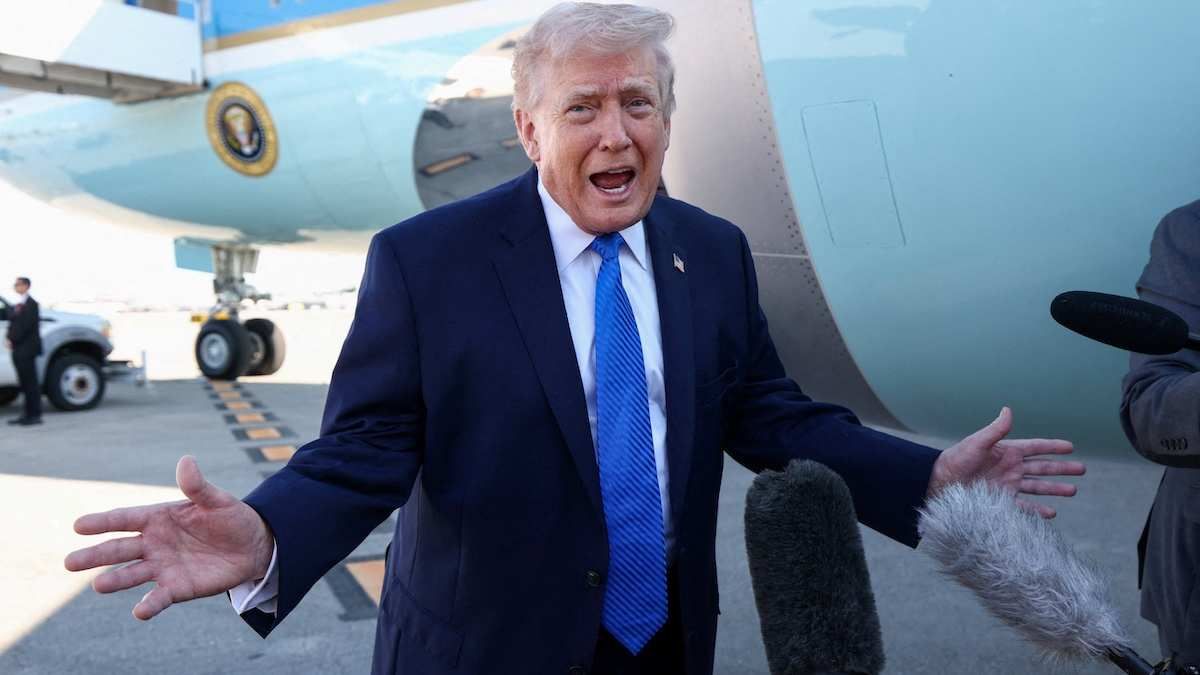 ​US President Donald Trump speaks to the media before departing West Palm Beach, Florida, USA, on March 23, 2026.