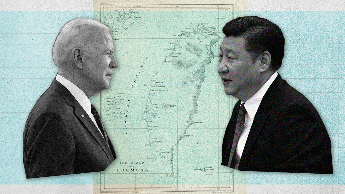 US President Joe Biden and Chinese President Xi Jinping on a backdrop of a map of Taiwan.