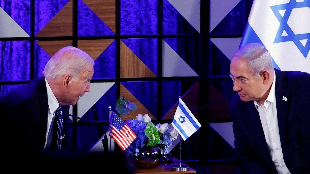 US President Joe Biden attends a meeting with Israeli Prime Minister Benjamin Netanyahu in Tel Aviv, Israel, October 18, 2023.