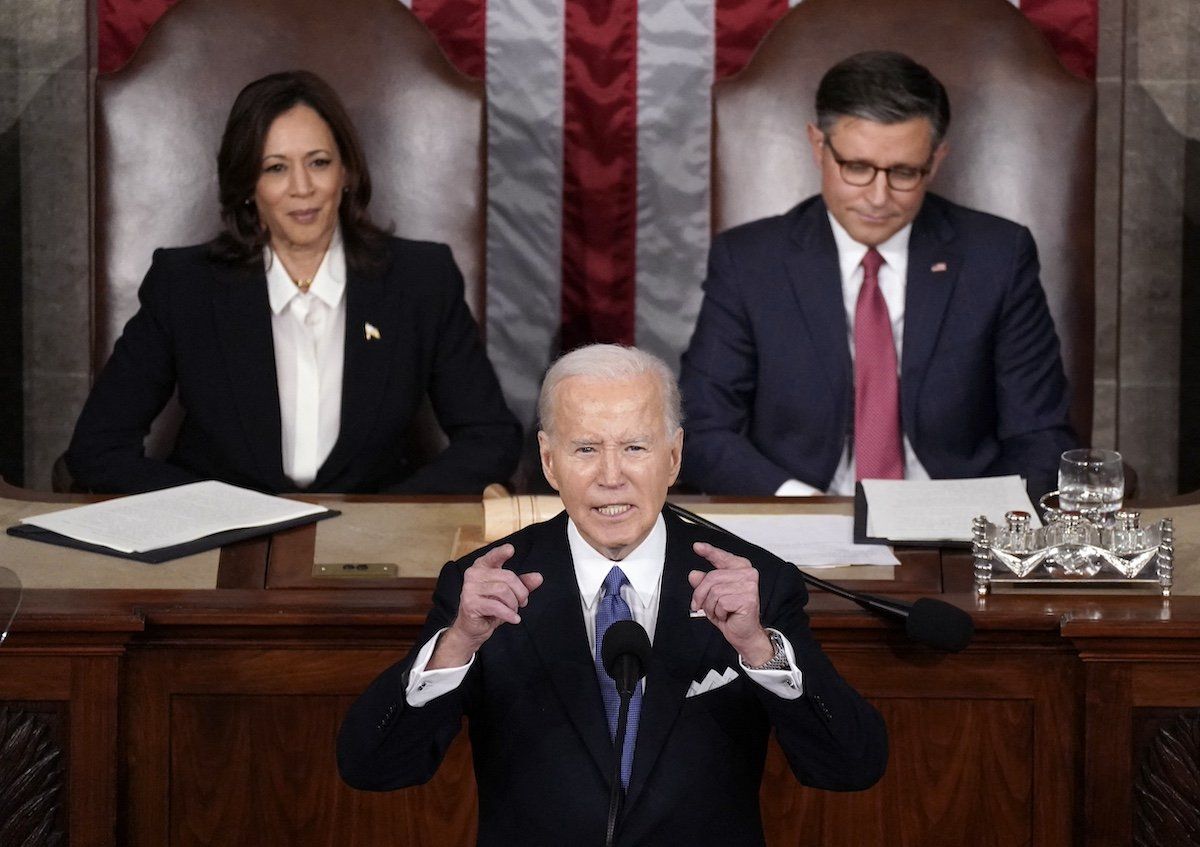 ​US President Joe Biden delivers the State of the Union address to a joint session of Congress in the House Chamber of the U.S. Capitol in Washington, U.S., on March 7, 2024.