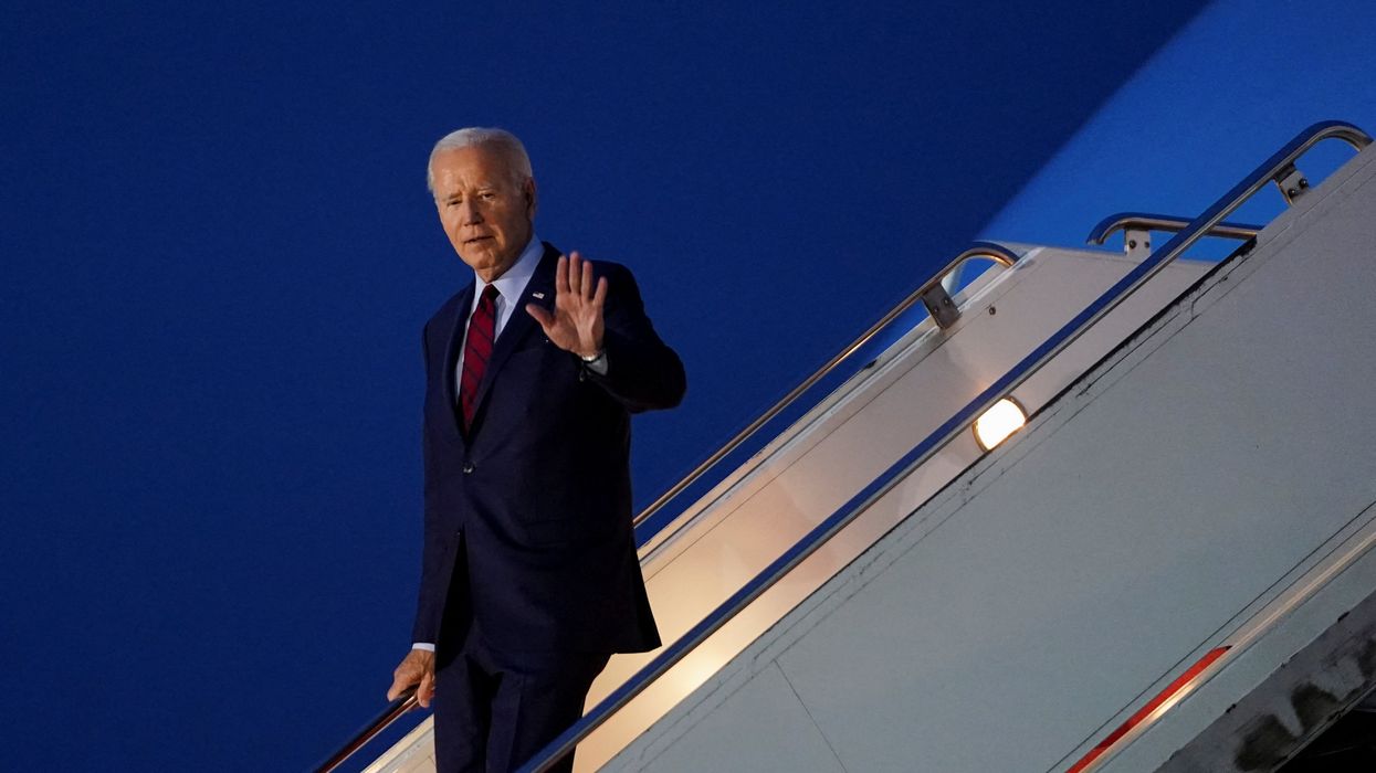 US President Joe Biden disembarks Air Force One as he visits Stansted Airport in the UK.