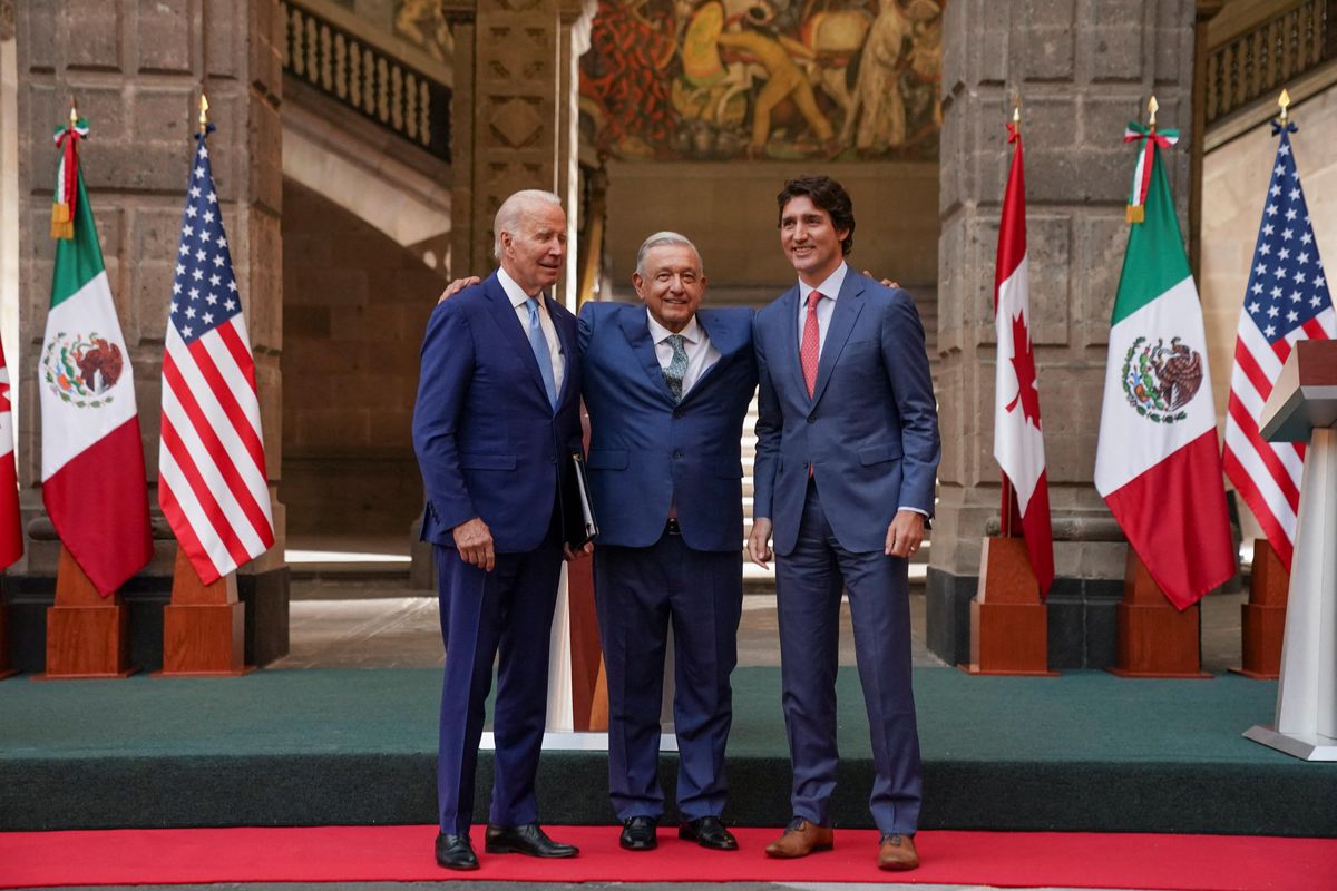 US President Joe Biden, Mexican President AMLO and Canadian PM Justin Trudeau arrive for a joint news conference at the conclusion of the North American Leaders' Summit in Mexico City.