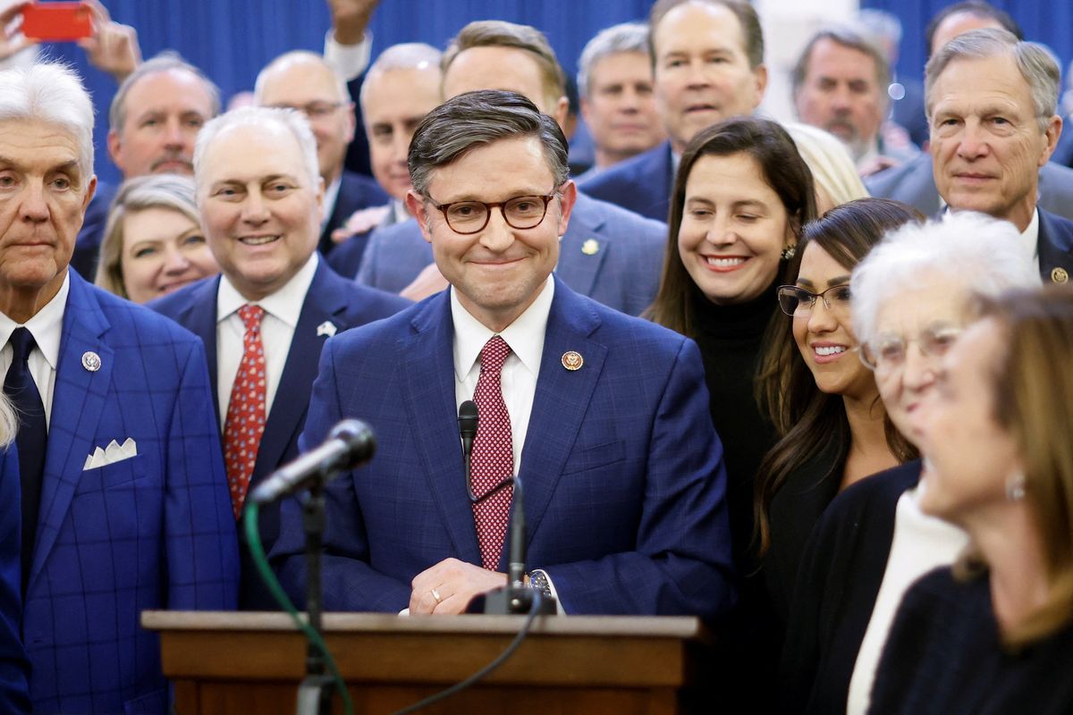 ​US Rep. Mike Johnson is surrounded by fellow members as he speaks to reporters after securing the nomination for House Speaker from the Republican conference on Capitol Hill in Washington, on Oct. 24, 2023.