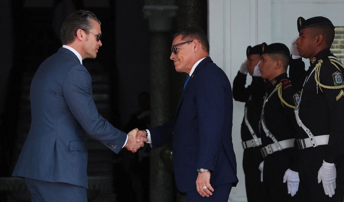 ​US Secretary of Defense Pete Hegseth and Panama's Minister of Public Security Frank Abrego shake hands n Panama City, Panama, on April 8, 2025. 