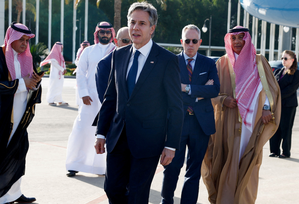 ​US Secretary of State Antony Blinken arrives in Jeddah, Saudi Arabia, on March 20, 2024, for renewed cease-fire talks. 