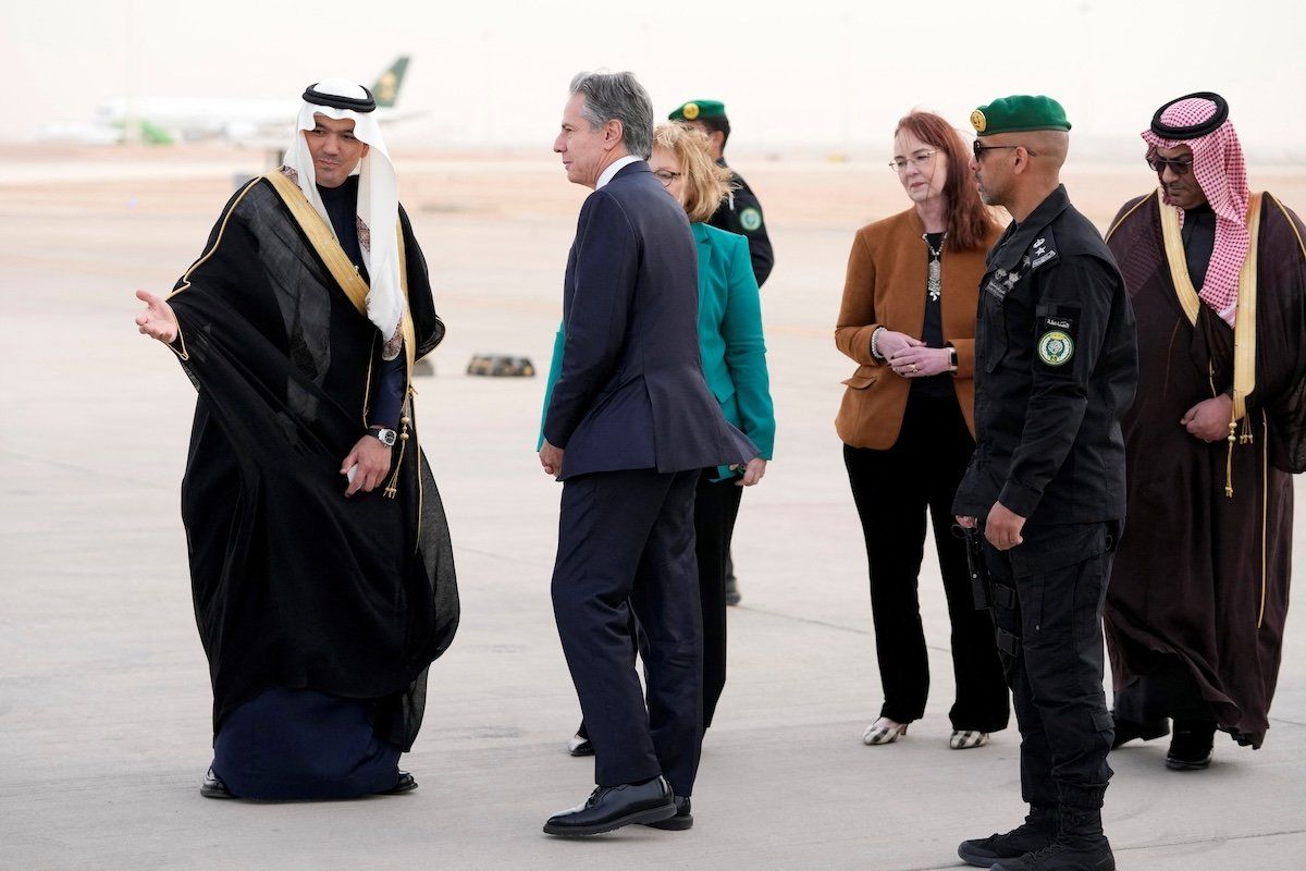 US Secretary of State Antony Blinken is welcomed upon arriving at King Khalid International Airport, in Riyadh, Saudi Arabia, on Monday, Feb. 5, 2024.