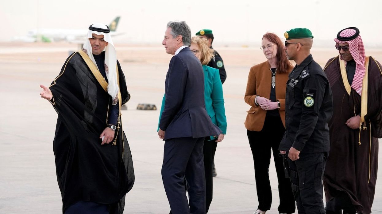 US Secretary of State Antony Blinken is welcomed upon arriving at King Khalid International Airport, in Riyadh, Saudi Arabia, on Monday, Feb. 5, 2024.