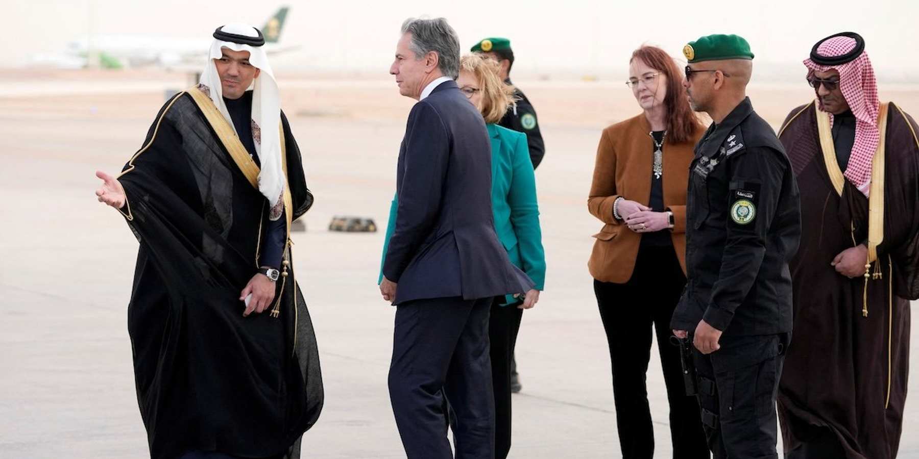 US Secretary of State Antony Blinken is welcomed upon arriving at King Khalid International Airport, in Riyadh, Saudi Arabia, on Monday, Feb. 5, 2024.