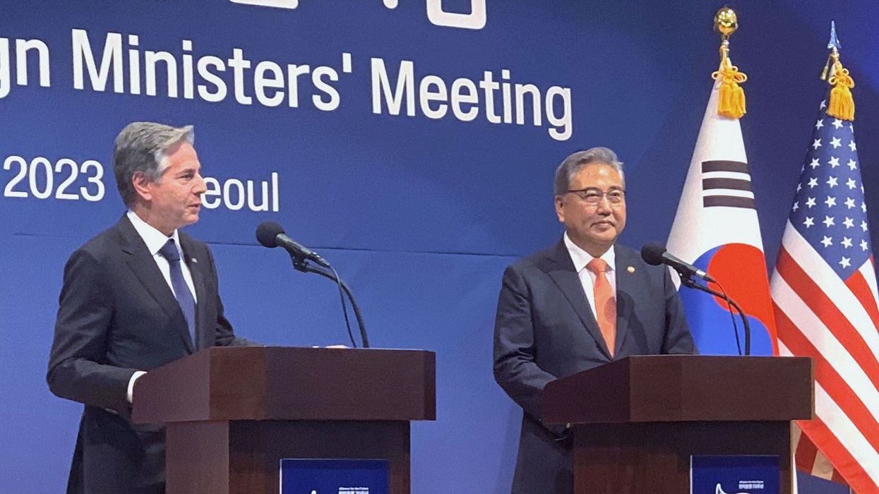 US Secretary of State Antony Blinken (left) and South Korean Foreign Minister Park Jin hold a joint press conference after their talks in Seoul on Nov. 9, 2023.