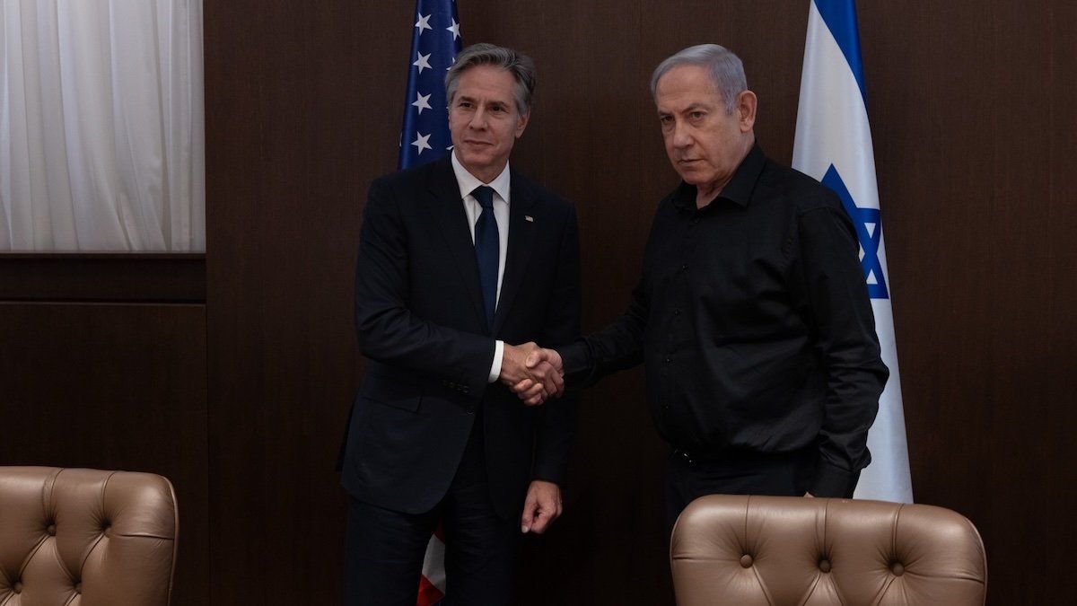 US Secretary of State Antony Blinken meets Israeli Prime Minister Benjamin Netanyahu in Tel Aviv, Israel, on Tuesday Oct 17, 2023.