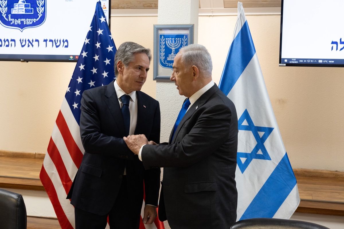 US secretary of state, Antony Blinken, meets with Israeli prime minister Benjamin Netanyahu at the Kirya in Tel Aviv on Thursday Oct 12, 2023 during a visit to show solidarity with Israel.
