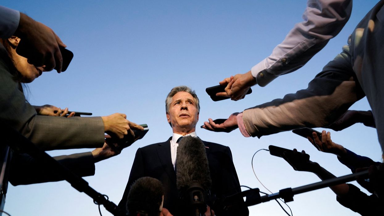 US Secretary of State Antony Blinken speaks to members of the media before leaving Cairo, Egypt, on Sunday.