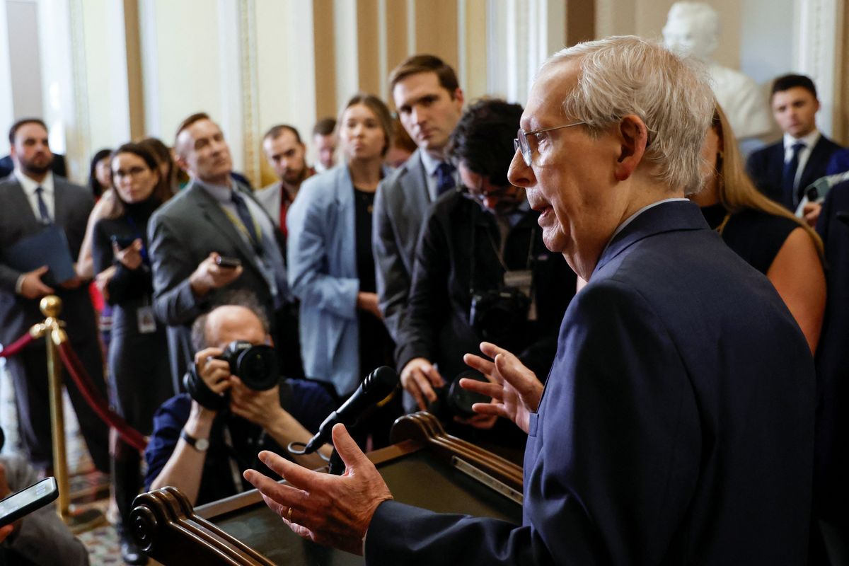 ​US Senate Minority Leader Mitch McConnell speaks to reporters after the weekly Senate caucus lunches at the US Capitol in Washington, on Oct. 24, 2023. 