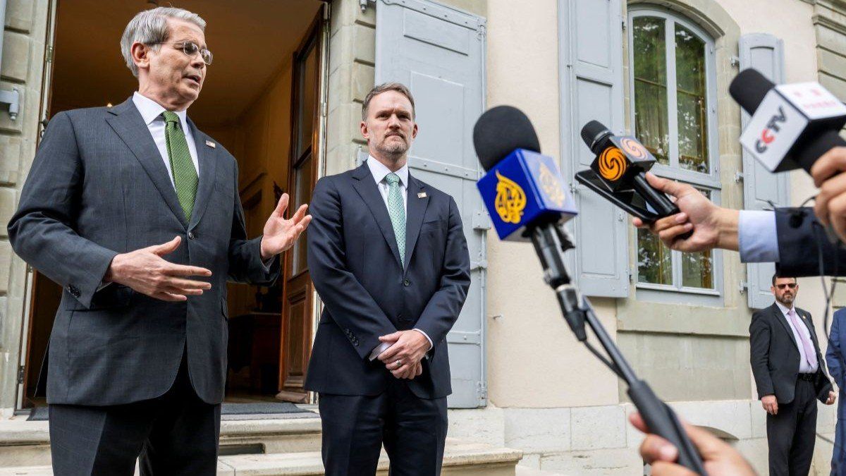 ​US Treasury Secretary Scott Bessent and US Trade Representative Jamieson Greer address the media after trade talks with China in Geneva, Switzerland, on May 11, 2025.