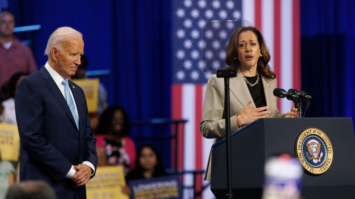 ​US Vice President and Democratic presidential nominee Kamala Harris speaks alongside President Joe Biden at Prince George's Community College in Upper Marlboro, Maryland, on August 15, 2024.