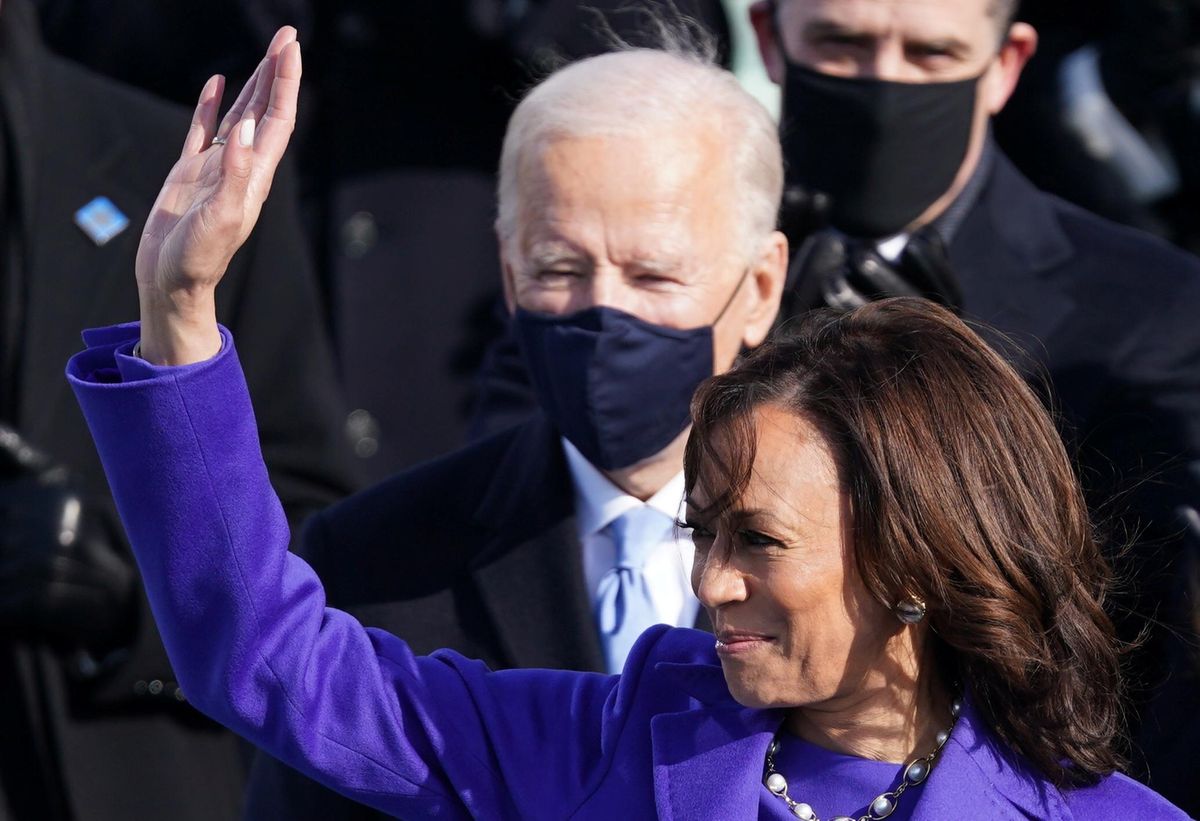 US Vice President Kamala Harris waves during the inauguration of Joe Biden as the 46th President in Washington. REUTERS/Kevin Lamarque