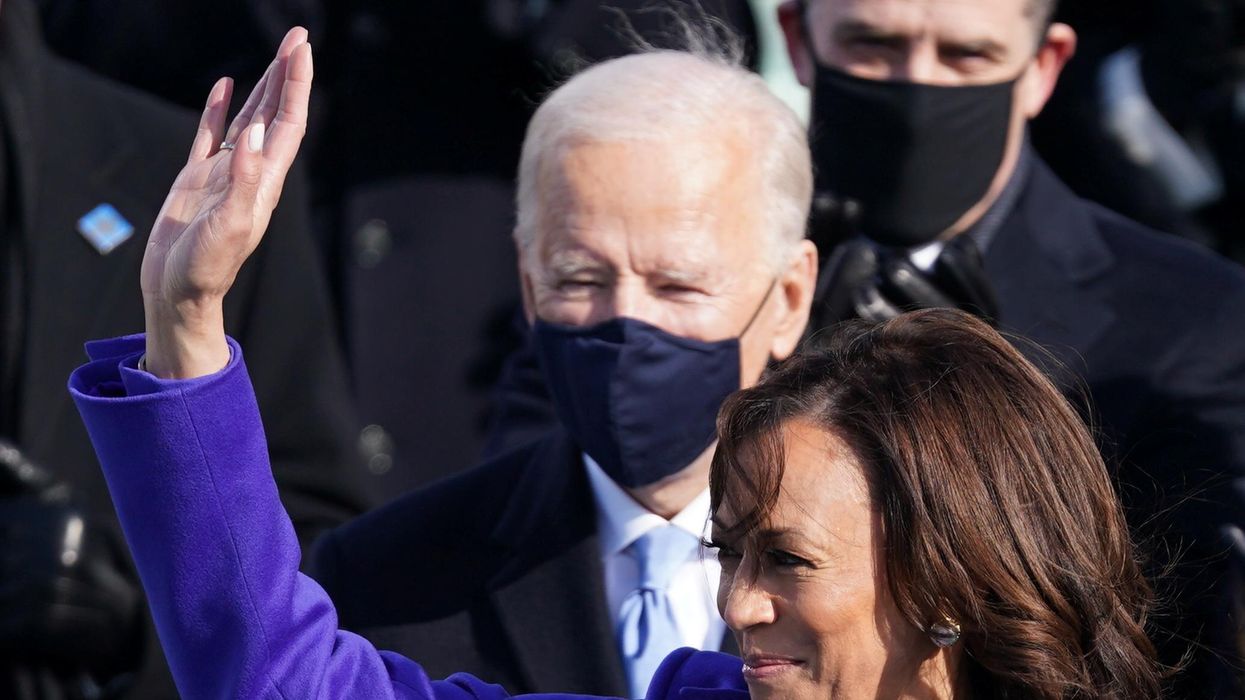 US Vice President Kamala Harris waves during the inauguration of Joe Biden as the 46th President in Washington. REUTERS/Kevin Lamarque