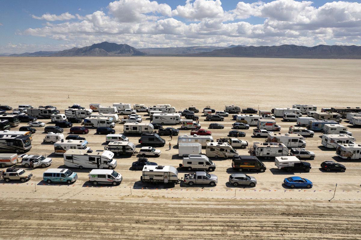 ​Vehicles are seen departing the Burning Man festival in Black Rock City, Nevada, U.S., on Sept. 4, 2023. 