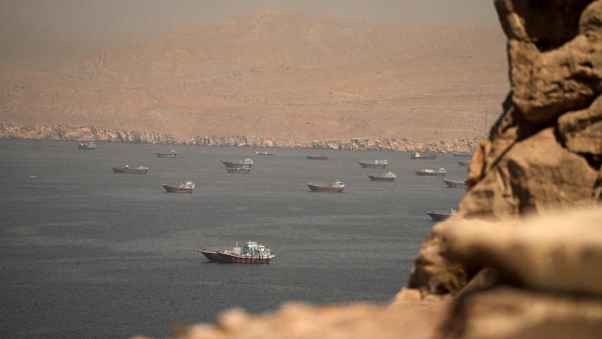 Vessels in the Strait of Hormuz, as seen from Musandam, Oman, on June 18, 2026.