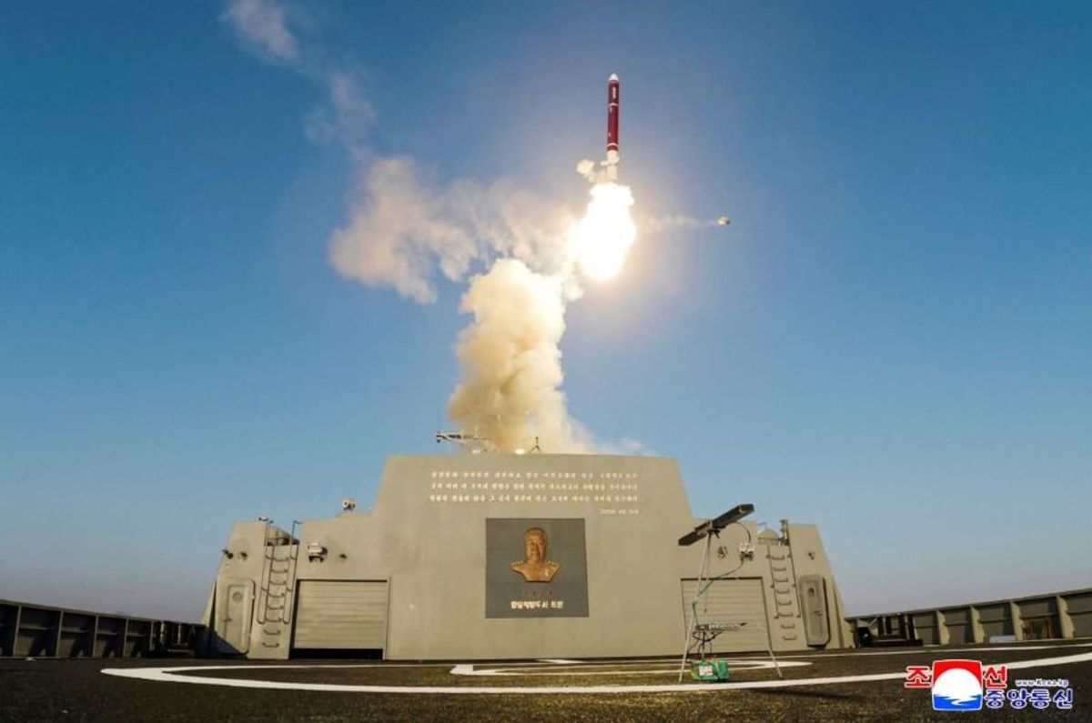 View of what state media KCNA reported was a test-firing of the weapons system of the new "Choe Hyon-class" warship, in this picture released on April 30, 2025, by the Korean Central News Agency.