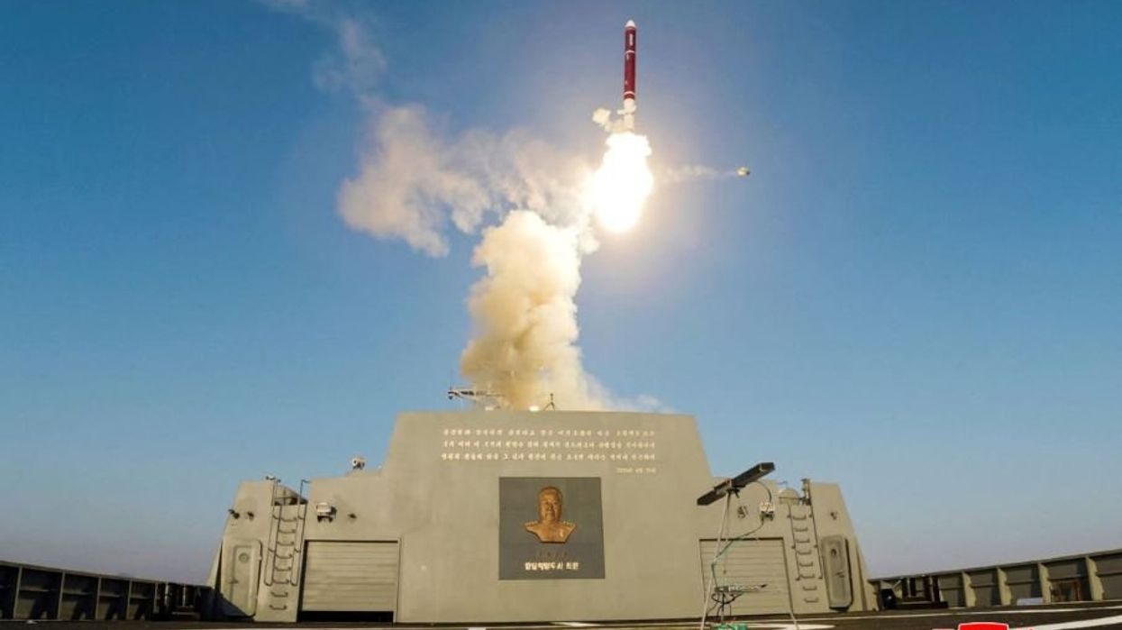 View of what state media KCNA reported was a test-firing of the weapons system of the new "Choe Hyon-class" warship, in this picture released on April 30, 2025, by the Korean Central News Agency.
