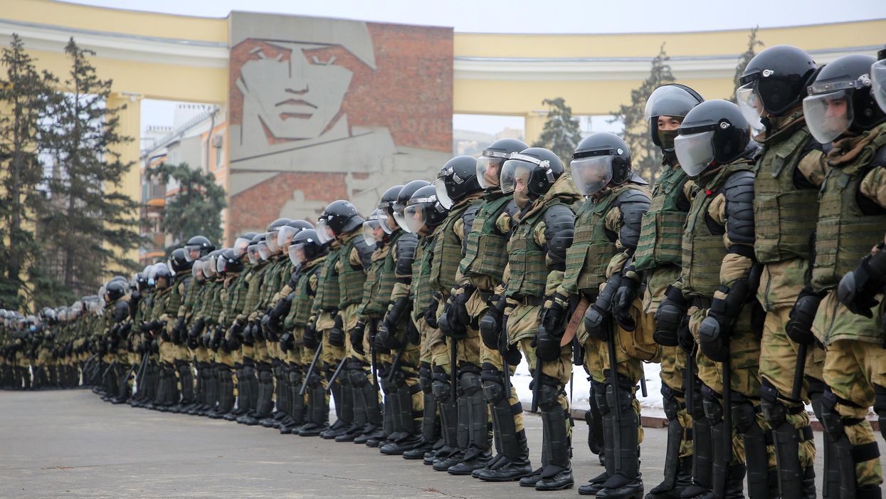 VOLGOGRAD, RUSSIA - JANUARY 31, 2021: Riot police officers cordon off a street during an unauthorized rally in support of Russian opposition activist Alexei Navalny.