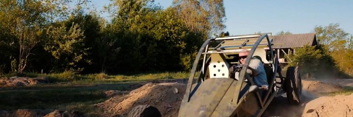Volodymyr Sadyk on his dune buggy in Ukraine.