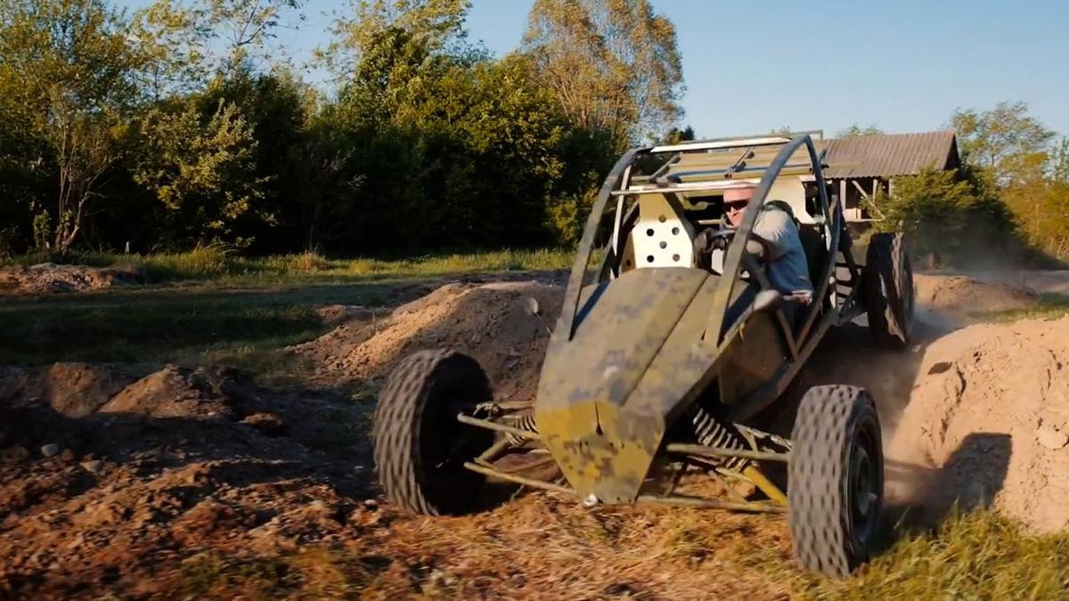 Volodymyr Sadyk on his dune buggy in Ukraine.