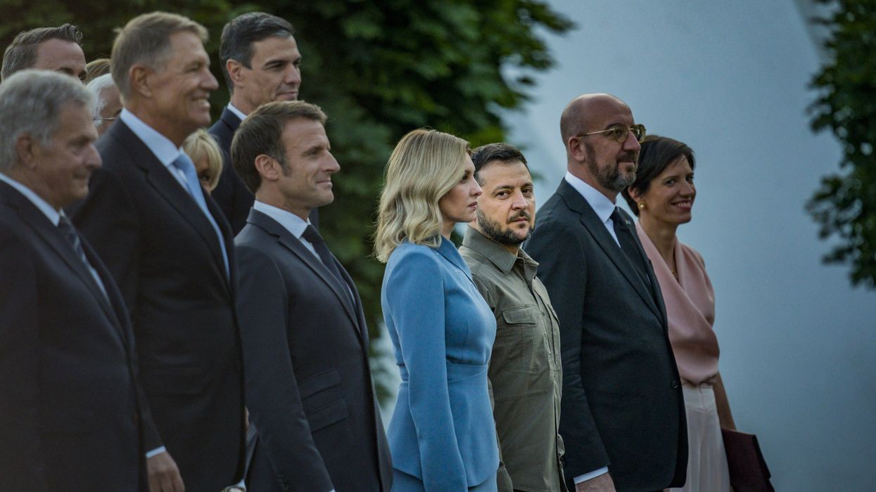 Volodymyr Zelenskiy, President of Ukraine, with his wife Olena Zelenskiy on the left, surrounded of Heads of State in the NATO Summit hosted in Vilnius, Lithuania.