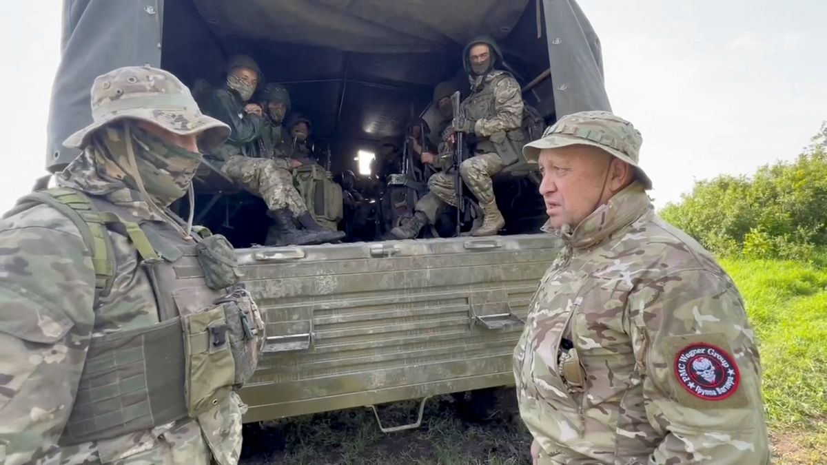 Wagner Group founder Yevgeny Prigozhin speaks with mercenaries during the withdrawal of his forces from Bakhmut in Ukraine.