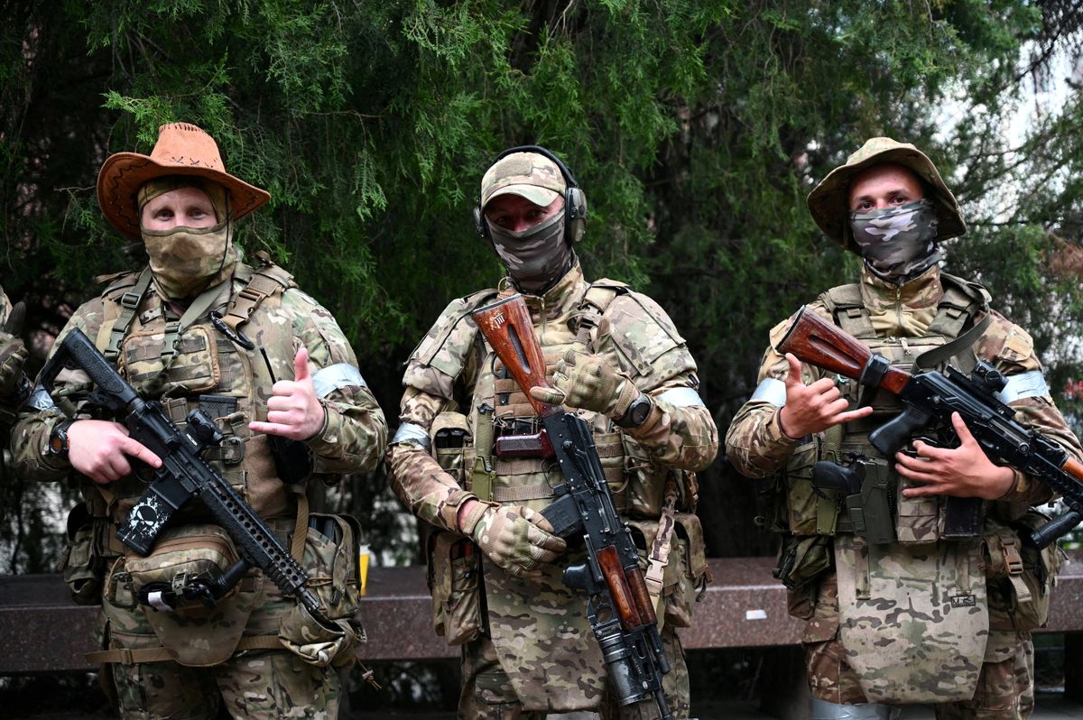 Wagner troops posing for a picture during last month's mutiny in the city of Rostov-on-Don. 