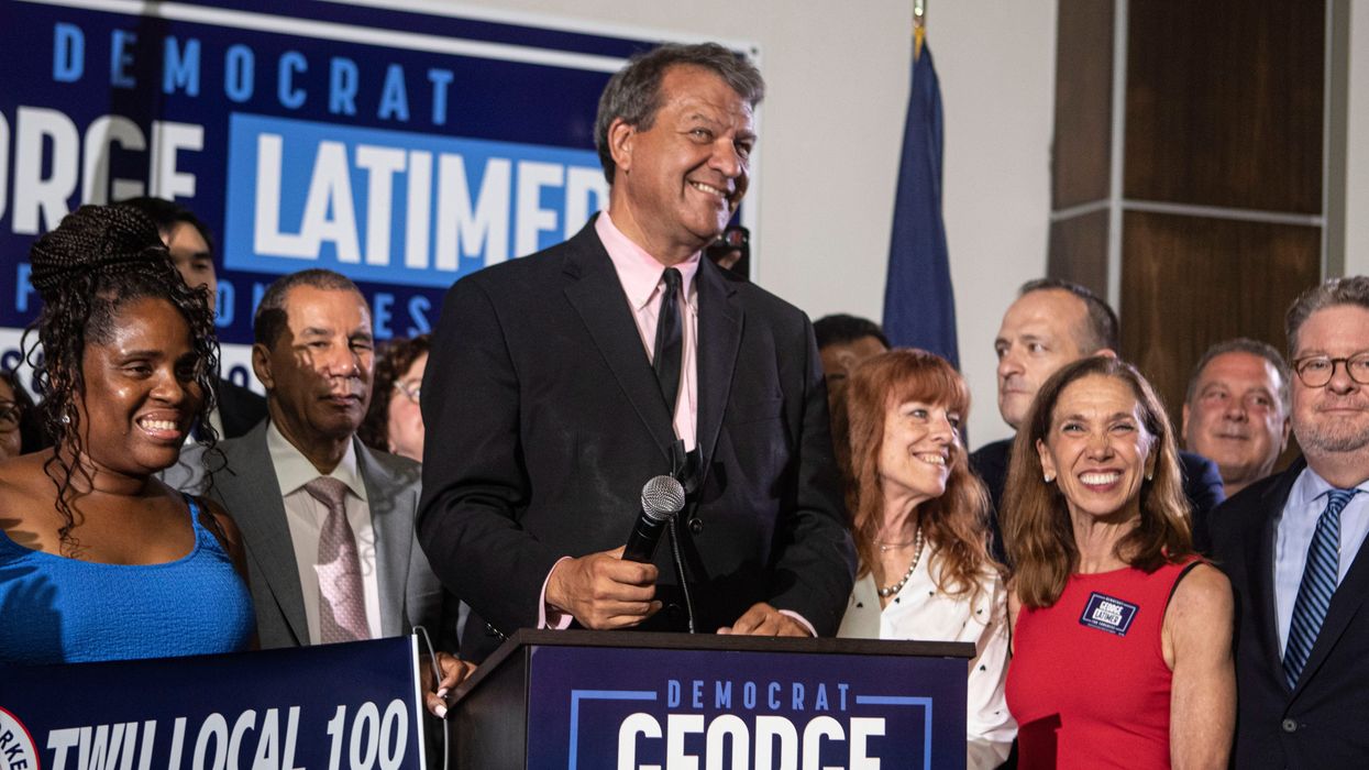 Westchester County Executive George Latimer celebrates with supporters in White Plains, N.Y. after winning the Democratic primary for New York's 16th congressional district seat June 25, 2024. Latimer defeated incumbent Rep. Jamaal Bowman.