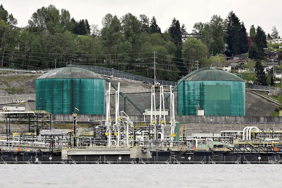 Westridge Marine Terminal, the terminus of the Canadian government-owned Trans Mountain pipeline expansion project is seen in Burnaby, from Cates park in North Vancouver, British Columbia, Canada May 1, 2024. 