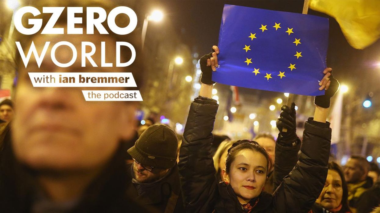 Woman holding the flag of Europe up in the air | GZERO World with Ian Bremmer - the podcast