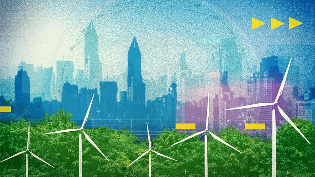 Working as a global community to solve our greatest challenges - abstract image of wind turbines and city skyline